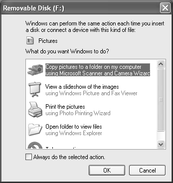 Windows XP tai Mac OS X: näkyville tulee ikkuna, joka pyyttää ohjeita siitä, mitä kuvatiedoille tehdään; noudata ikkunassa olevia ohjeita.