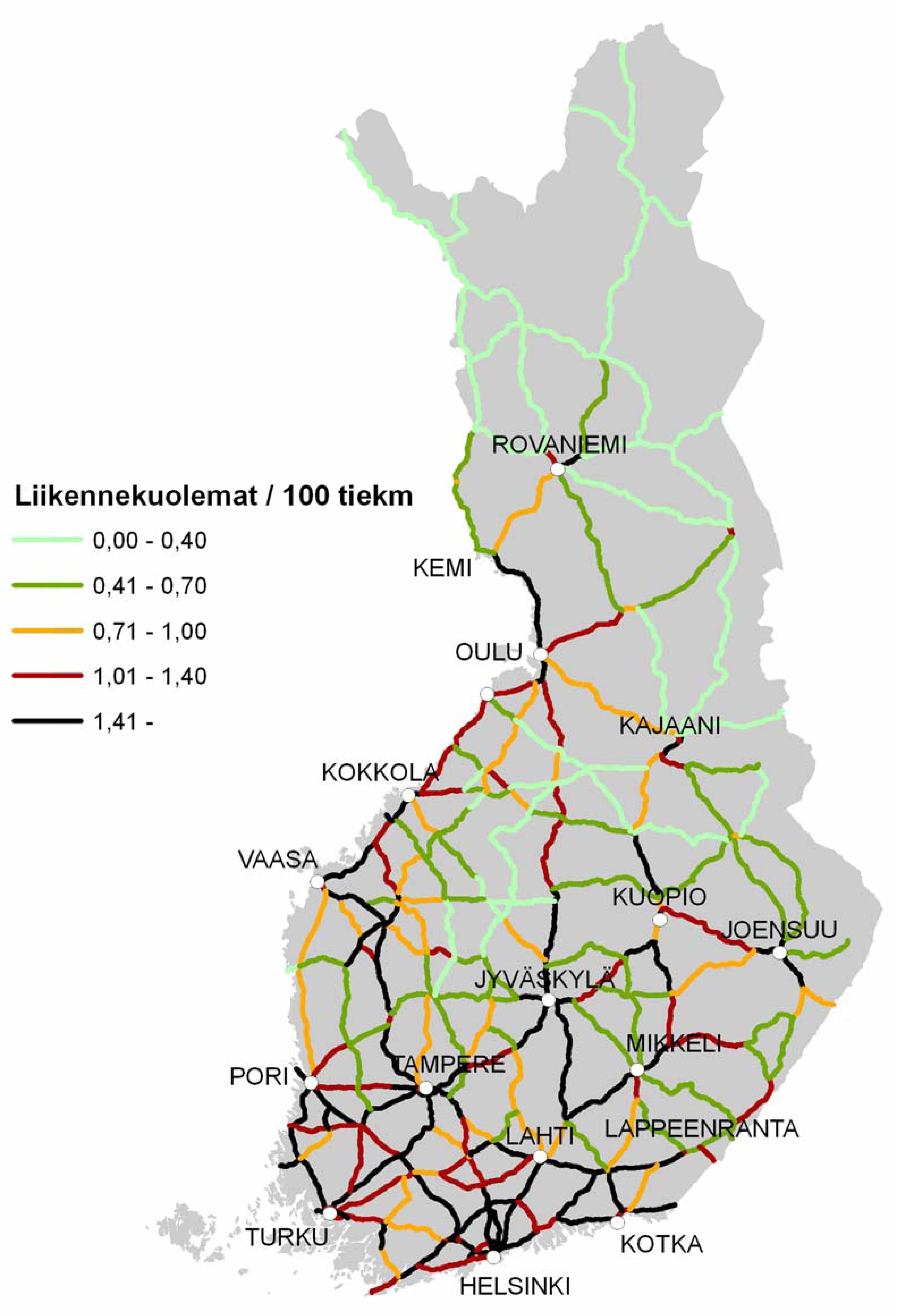 6 6 Kartta 3. Liikennekuolemien tiheys päätieverkolla, TARVA-ohjelmalla laskettu nykytilan ennuste.
