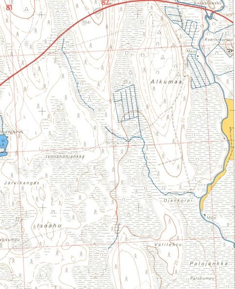 17 Kartta 5. Ote vuoden 1974 peruskartasta, jossa näkyy joenvarressa latoja ja Alkumaan itäpuolella maja (aikaisemmin kämppä). 6.