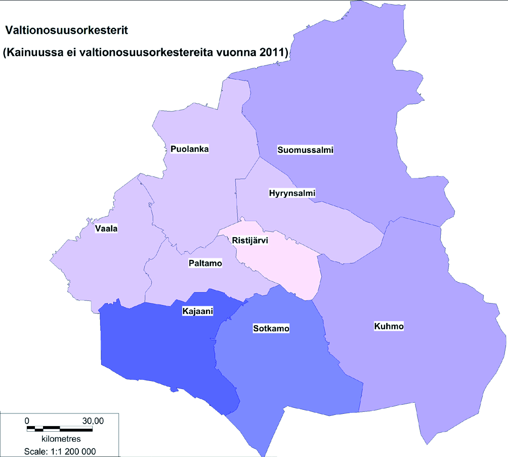 Kartat 6.3 6.6. Asukkaat sekä valtionosuuslaitokset Kainuussa ja lähikunnissa: 6.3) kaikki valtionosuuslaitokset, 6.