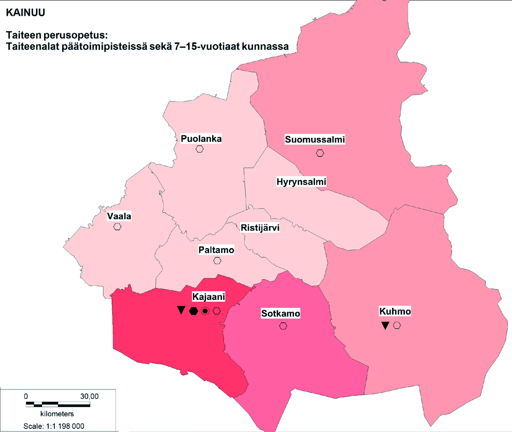 Kartat 6.7 6.8. Valtionavustusta saavat kulttuuritapahtumat Kainuussa ja lähikunnissa 30 kilometrin säteellä. Kartat 6.9 6.10. Taiteen perusopetus Kainuussa: 6.