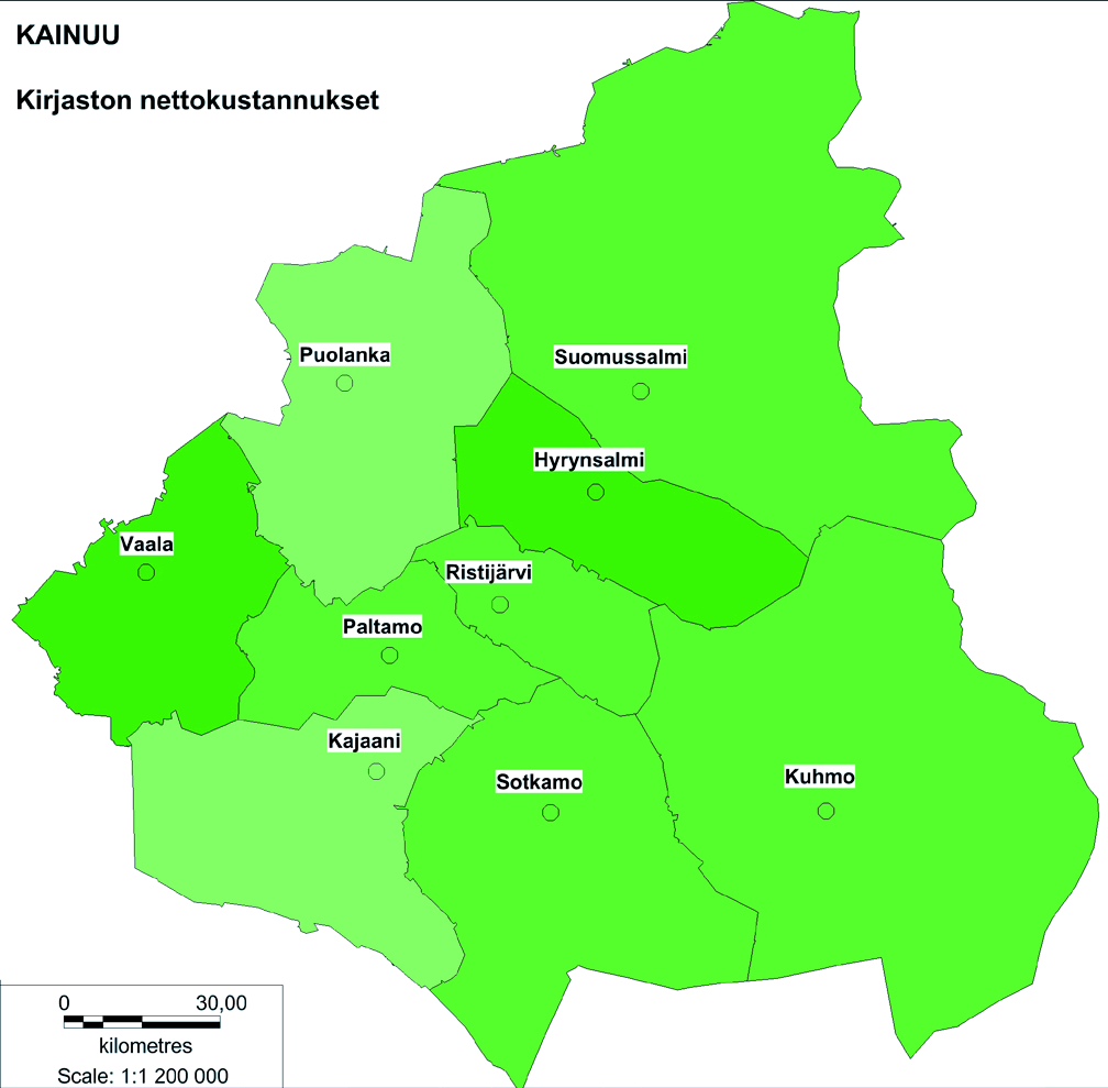 Kartat 6.14 6.17. Asukaskohtaiset nettokustannukset Kainuussa: 6.14) yleinen kulttuuritoimi, 6.