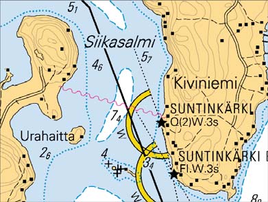 19 VI Sisävesistöt Inlandsfarvattnen Inland Waterways *323. J/305 Suomi. Kymijoen vesistö. Hollola. Vesijärvi. Siikasalmi. Kaapeli. Kaapeli alittaa Lahti-Vääksy väylän (2.4 m). Karttamerkintä.