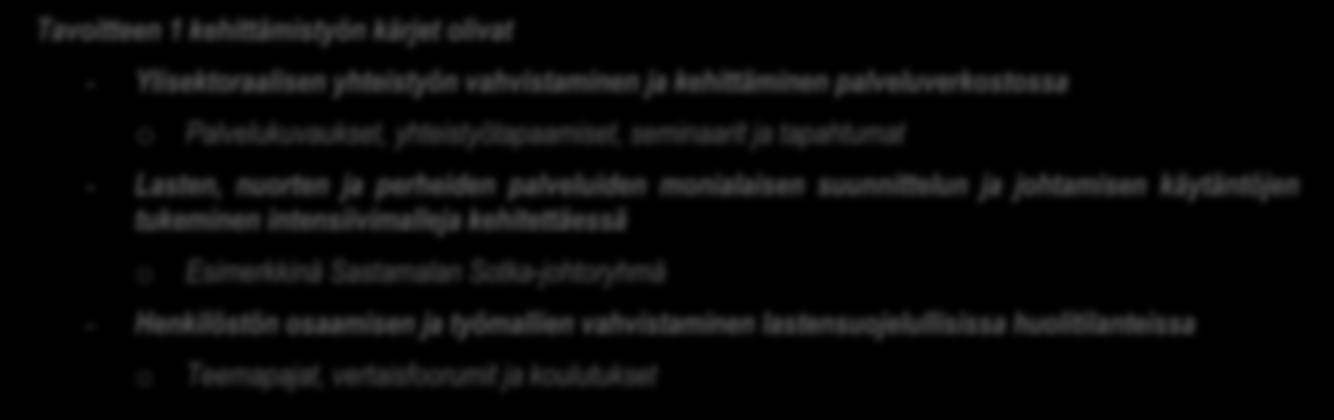 4.1. Hankesuunnitelman tavoite I Ennaltaehkäisevän palvelukokonaisuuden ja verkostoyhteistyön kehittäminen Hankkeen tavoitteena 1 oli kehittää ja mallintaa ennaltaehkäisevää lastensuojelutyön