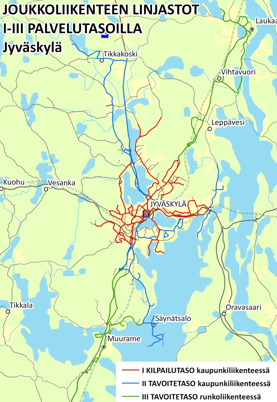 Jyväskylän joukkoliikenteen palvelutasoalueet I-III on esitetty kuvassa 2. Eteläportin-Kauramäen alue sijoittuu II tavoitetasolle kaupunkiliikenteessä.