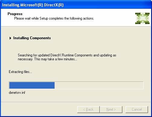 Kohta 4: Odota kunnes käyttöjärjestelmä saa DirectX 9 -komponenttien asennuksen päätökseen.