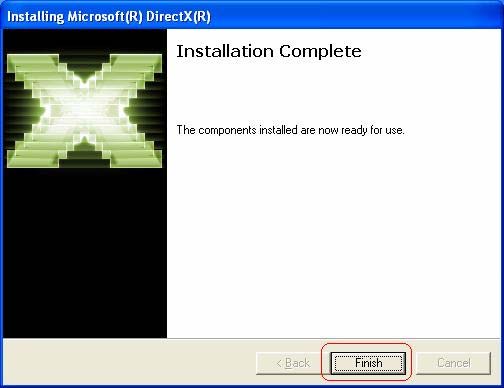 Kohta 5: kun käyttöjärjestelmä on asentanut DirectX9:n, ilmestyy alla oleva