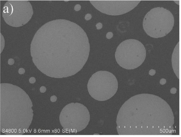 Kuva 19: SEM-kuva iridiumohutkalvosta (vaaleat ympyrät), mikä on selektiivisesti kasvatettu UV-valolla ja varjomaskilla kuvioitua PMMA-maskia käyttäen.