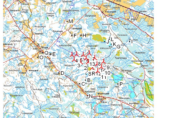 Project: Mastokangas kaavaluonnos Description: Mastokangas DECIBEL - Main Result Calculation: Mastokangas kaavaluonnos, - Nordex 131, 140m hh, 8 m/s Noise calculation model: ISO 9613-2 General Wind