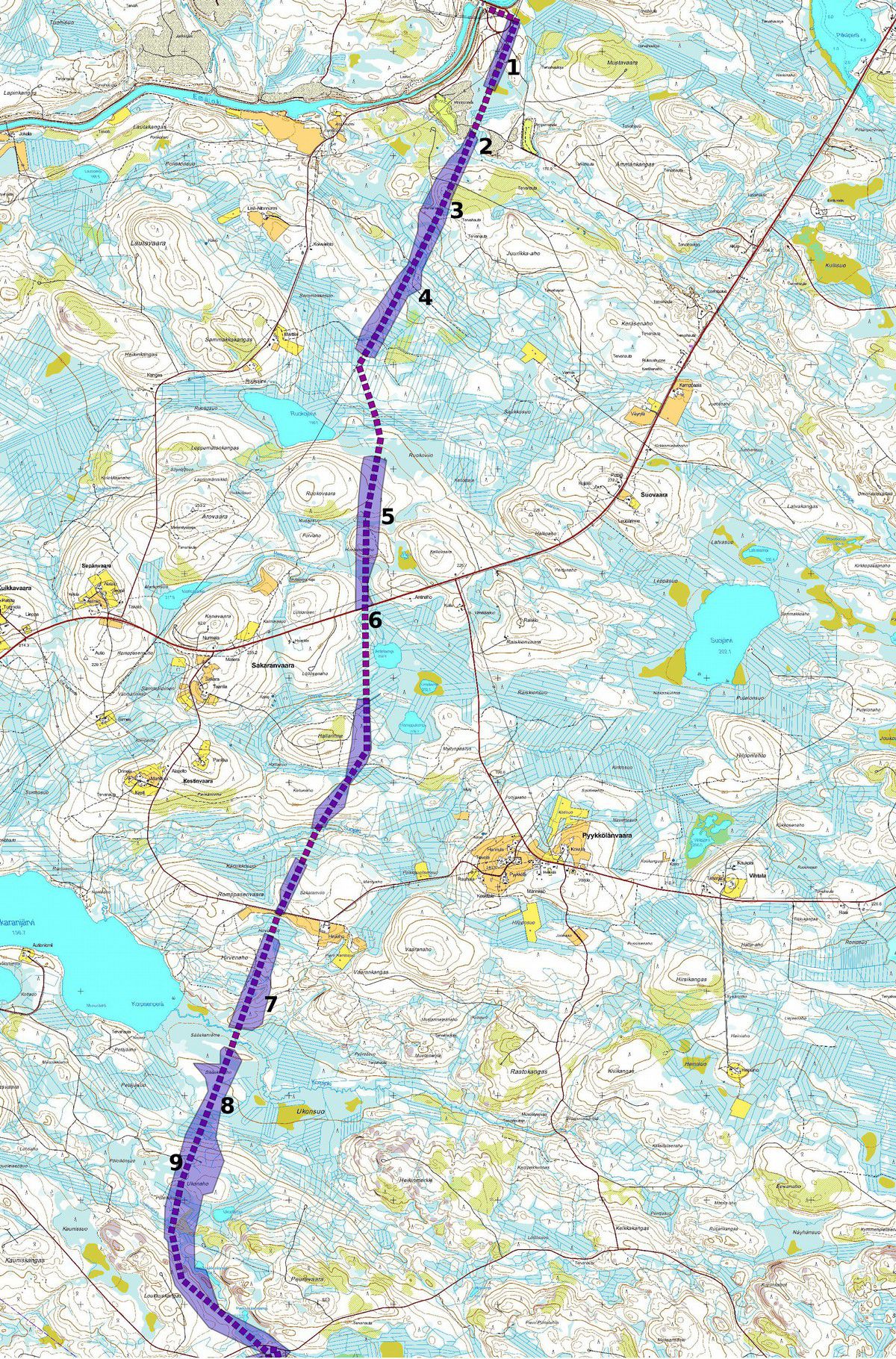 6 3.. Maastokuvaukset ja valokuvat Kartta 3-. Linjan pohjoisosa.