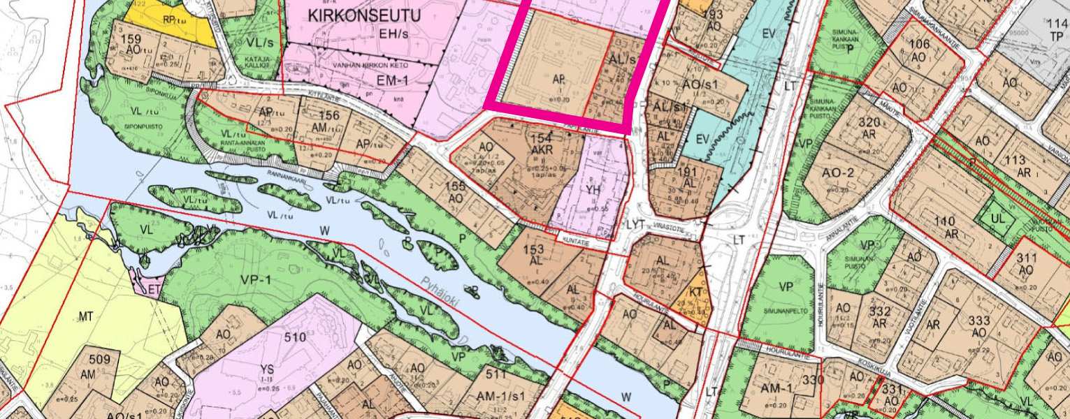 7 Rakennusjärjestys Kuva 4. Ote Pyhäjoen keskustan asemakaavasta. Lisätarkastelualue on merkitty katkoviivalla.
