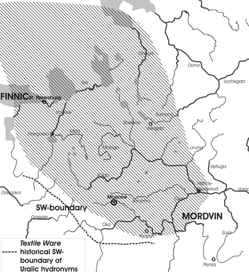 map 7. The Textile Ceramics culture (circa 1900 800 BC) between the later traditional areas of Finnic and Mordvin speakers, as featured in Carpelan (1999: 269). 7.3.