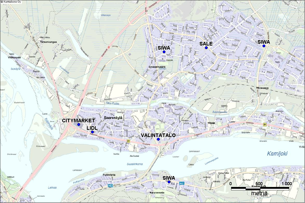 9 erikoistavaraa. Rovaniemen suuret supermarketit ovat sijoittuneet keskustaan tai sen tuntumaan sekä Ounasvaaran kaupunginosakeskukseen.