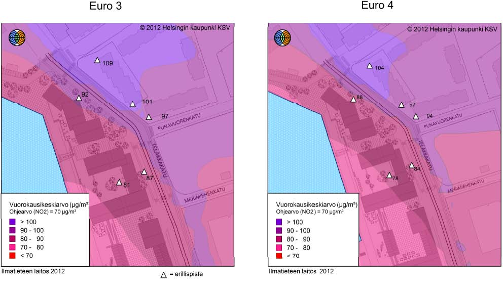 19 Kuva L. Typpidioksidin vuorokausiohjearvoon verrannolliset pitoisuudet Euro 3- ja Euro 4 päästötasoilla ja vuoden 2035 liikennemääräennusteilla laskettuna.