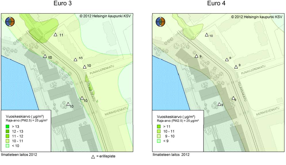 26 5.2 Pienhiukkaspitoisuudet Leviämismallilaskelmien tuloksina saadut Helsingin keskustan autoliikenteen päästöjen aiheutta mien ulkoilman pienhiukkas pitoisuuksien (PM 2,5 ) alueellinen vaihtelu