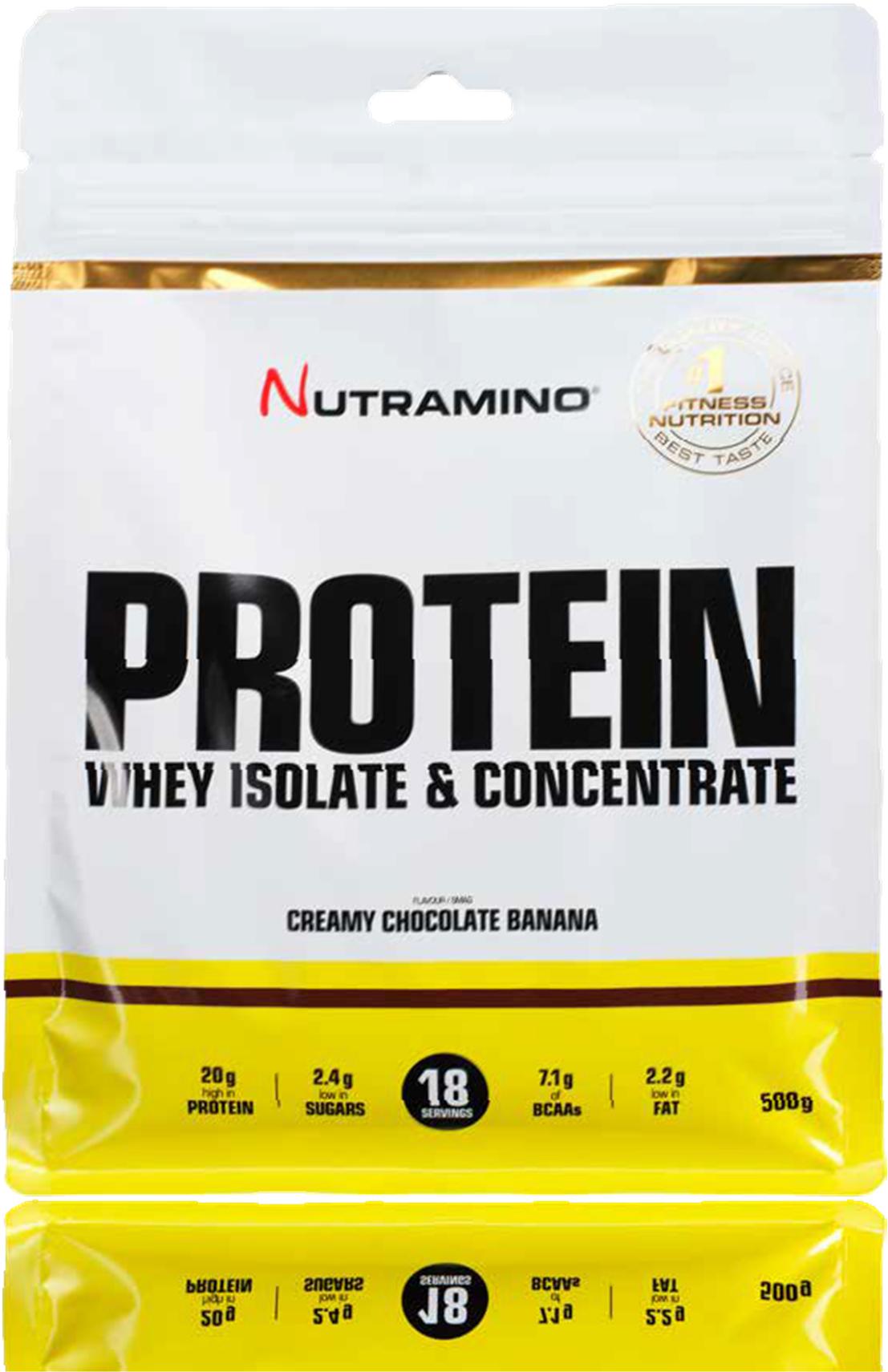 WHEY PROTEIN ISOLATE & CONCENTRATE CREAMY CHOCOLATE & BANANA 28 g - 500 g - 1800 g Nutramino Protein Powder sisältää 100 % heraproteiinia valikoituna ultrasuodatetun isolaatin ja konsentraatin