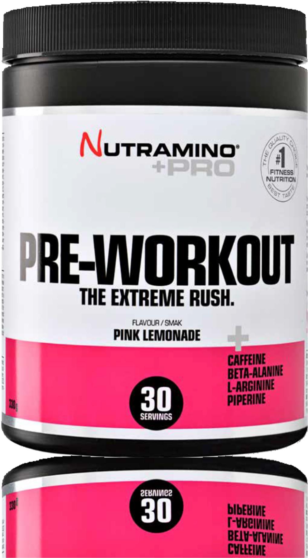 PRE-WORKOUT POWDER PINK LEMONADE 315 g Nutramino Pre-Workout Powder nautitaan 30 minuuttia ennen harjoitusta. Se on kehitetty antamaan lisätehoja treenaamiseen, jotta saat harjoituksesta kaiken irti.