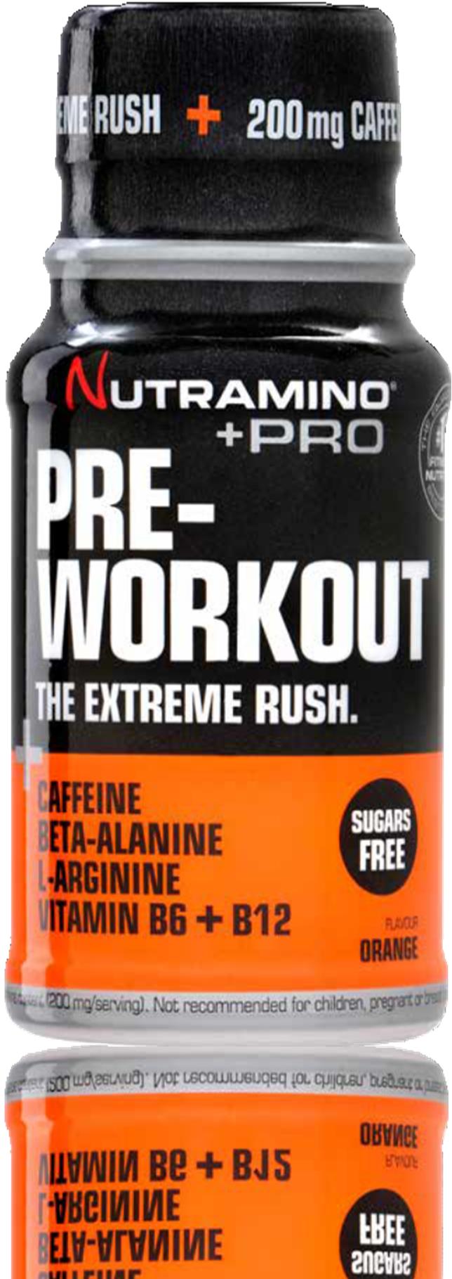 PRE-WORKOUT SHOT ORANGE 60 ml Nutramino Pre-Workout Shot nautitaan 30 minuuttia ennen harjoitusta. Se on kehitetty antamaan lisätehoja treenaamiseen, jotta saat harjoituksesta kaiken irti.