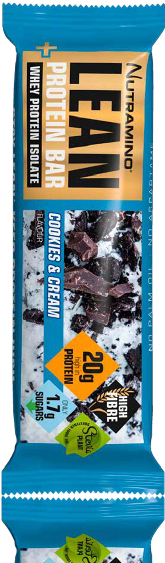 LEAN PROTEIN BAR COOKIES & CREAM 60 g Olemme muokanneet alkuperäistä Nutramino Lean -patukan reseptiä, jotta voimme tarjota entistä paremman proteiiniseoksen heraisolaatilla, herkullisemman maun ja