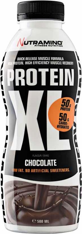 PROTEIN XL SHAKE CHOCOLATE 500 ml Nutramino Protein XL Shake on suunniteltu vastaamaan kovan intensiteetin harjoittelun vaatimuksia. Annoksessa on huikeat 50 g proteiinia ja 50 g hiilihydraattia.