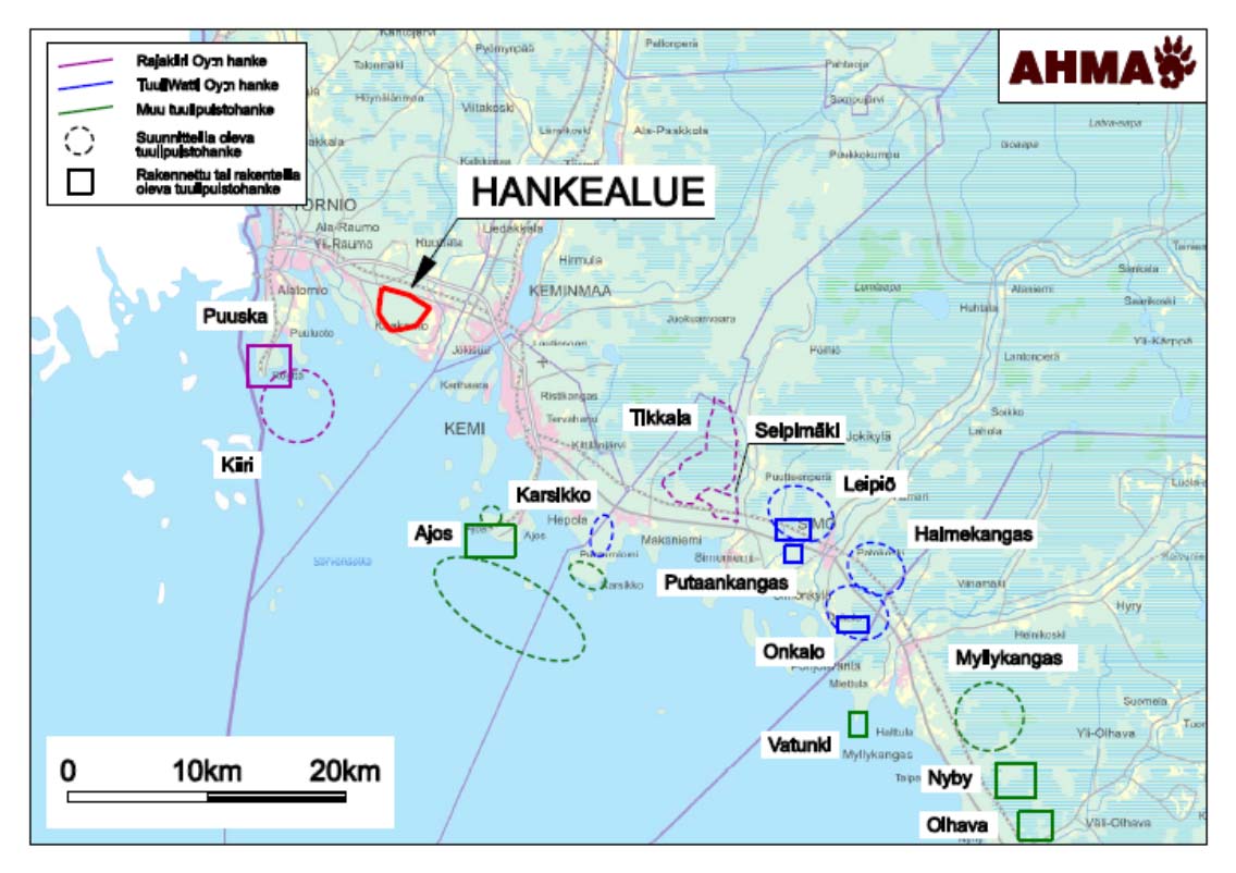 20 Kuva 4-9. Yli-Kaakamon hankealue suhteessa pohjoisen Perämeren seudun tuulipuistohankkeisiin. Aluerajaukset suuntaa-antavia.