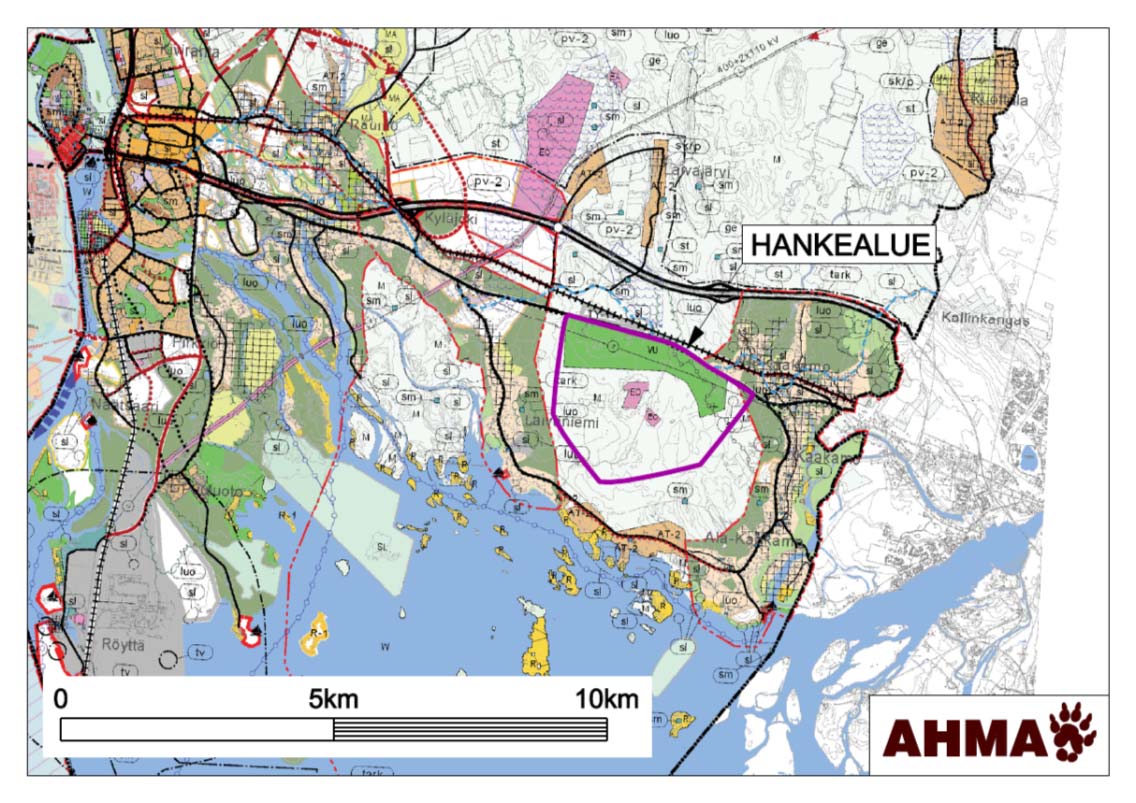 30 Kuva 7-2. Ote Tornio 2021 yleiskaavasta. Yleiskaavassa hankealue sijoittuu Kyläjoen-Laivaniemen ja Kaakamon tarkennusalueiden väliin.