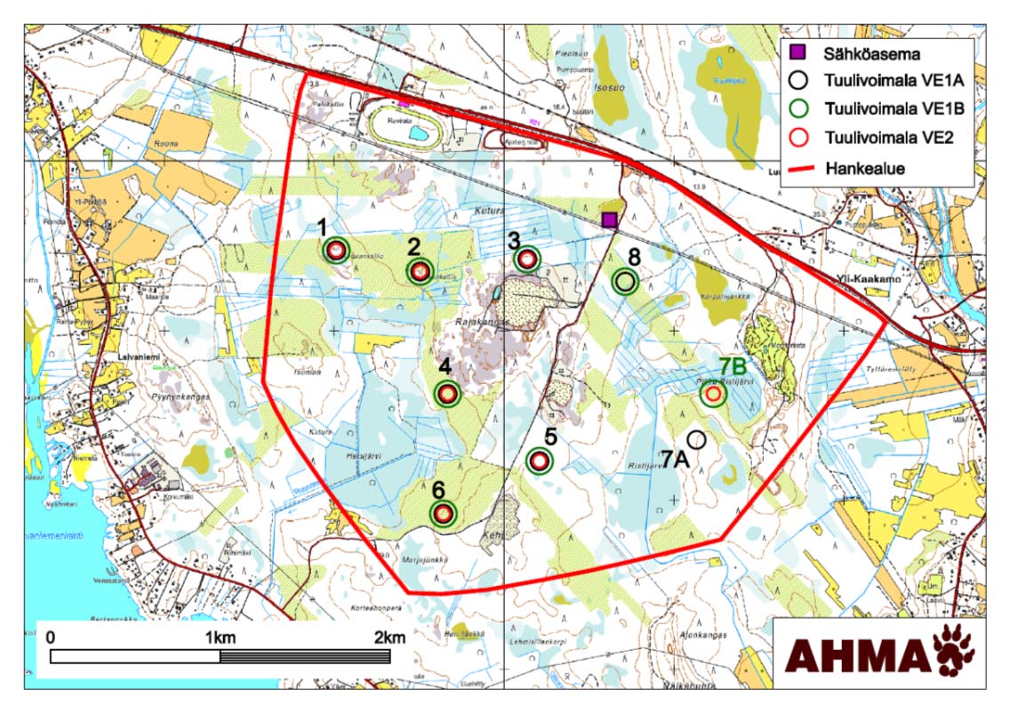 2 Vaihtoehdon VE1b mukaisesti rakennettavat voimalat on numeroitu kuvassa 0-2 seuraavasti: voimalat 1, 2, 3, 4, 5, 6, 7B ja 8. Vaihtoehto VE2: Rakennetaan 7 tuulivoimalayksikköä.
