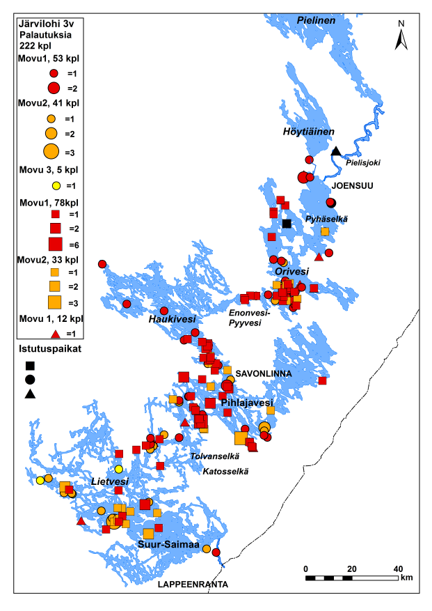 3-v järvilohet (kartalla 222 palautusta) 2011-2012 erät 261 palautusta: Orivesi 15 kpl, 5,7 % >Paasivesi 68 kpl, 26,1 % Haapavesi (Pieni