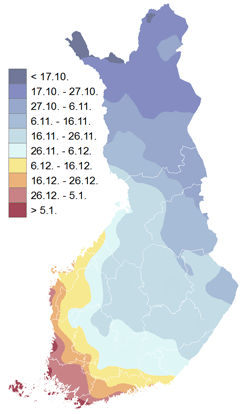 Kuva 6-4 Keskimääräinen kesän pituus vuorokausina (vasemmalla) sekä talven pituus (oikealla) vertailukaudella 1981 2010 (Ilmatieteen laitos 2016b).