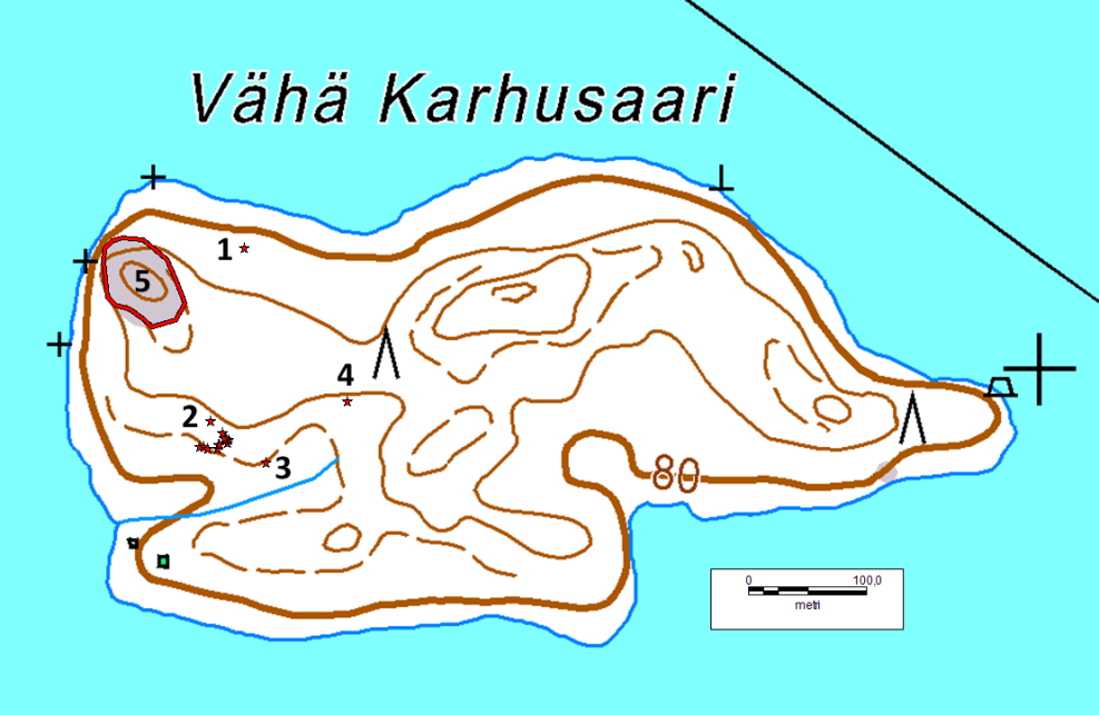Kartta 2. Vähä Karhusaaren luontokohteita: metsälehmuksen kasvupaikat 1 3, lehtoneidonvaipan kasvupaikka (4) ja karukkokallio (5).