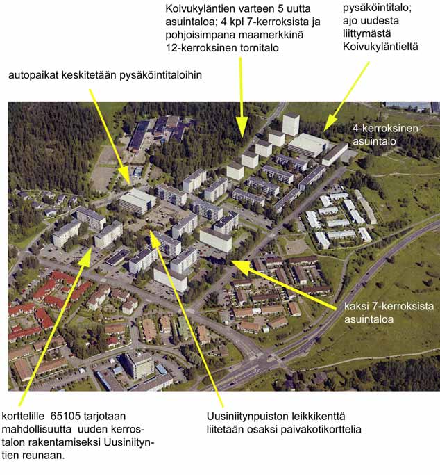 Korttelit 65105: Korttelissa on kolme yksityisessä omistuksessa olevaa asuinkerrostaloa (As Oy Uusiniitynpuisto) ja liikerakennus.