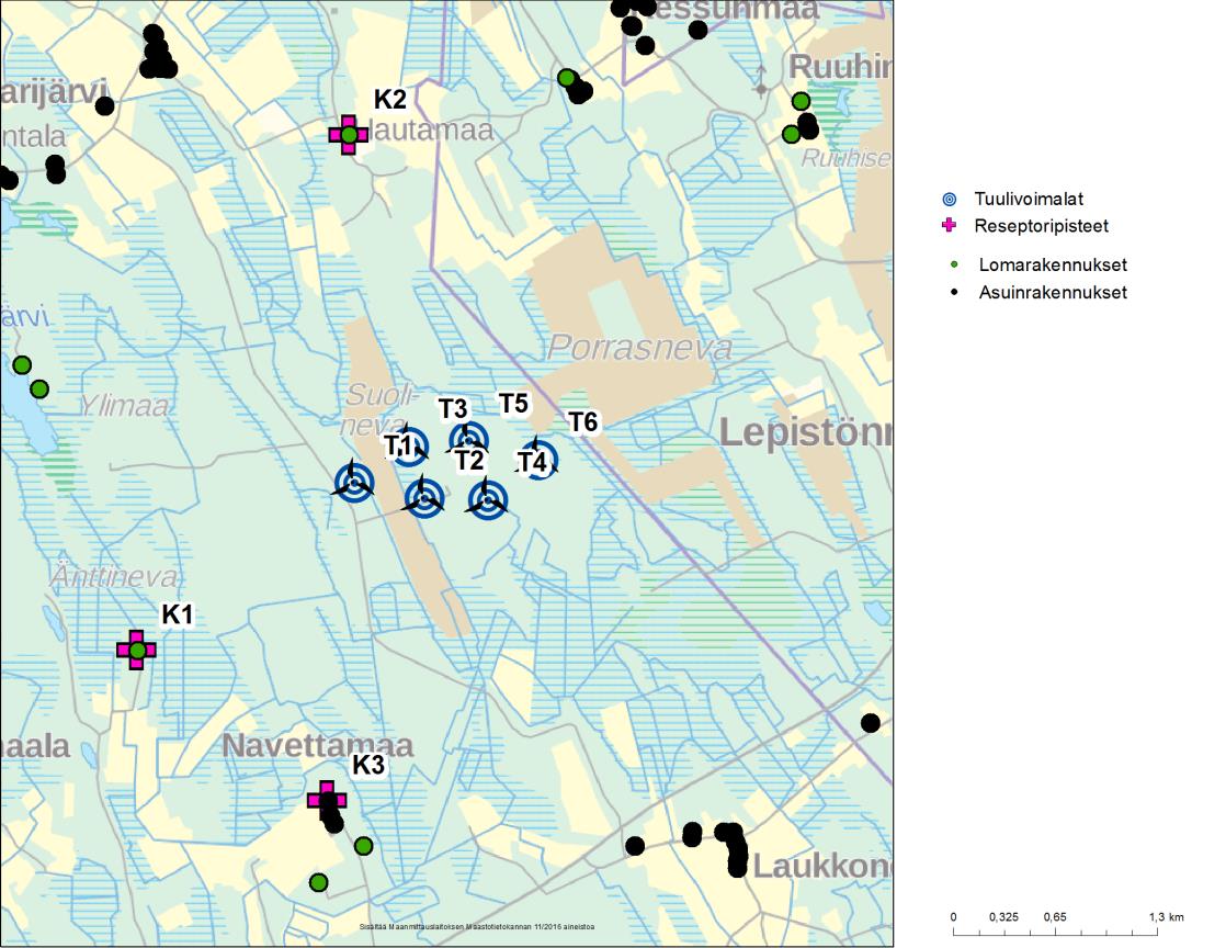 (Kuva 2). Piste K1 sijaitsee lähimmillään noin 1,75 km etäisyydellä voimaloista sekä pisteet K2 ja K3 hieman yli 2 km etäisyydellä voimaloista.