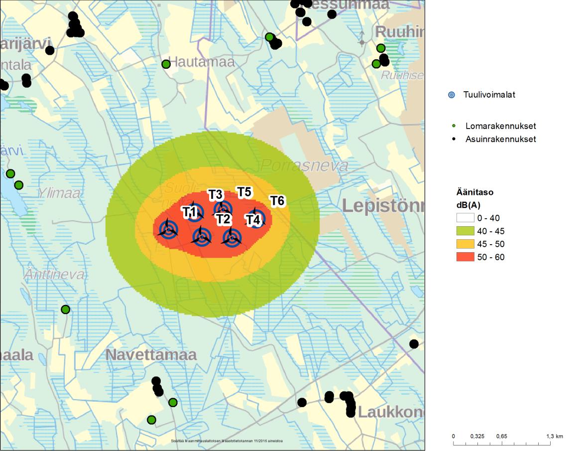 Meluvaikutus Turbiinien aiheuttama mallinnettu A-painotettu kokonaisäänitaso on esitetty karttakuvana (Kuva 3).