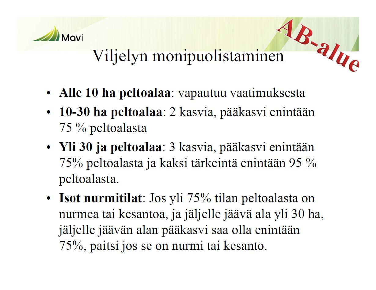 Viljelyn monipuolistaminen AB-alue Alle 10 ha peltoalaa: vapautuu vaatimuksesta 10 30 ha Peltoalaa: 2 kasvia, pääkasvia enintään 75 % peltoalasta Yli 30 ha peltoalaa: 3 kasvia, pääkasvia enintään 75