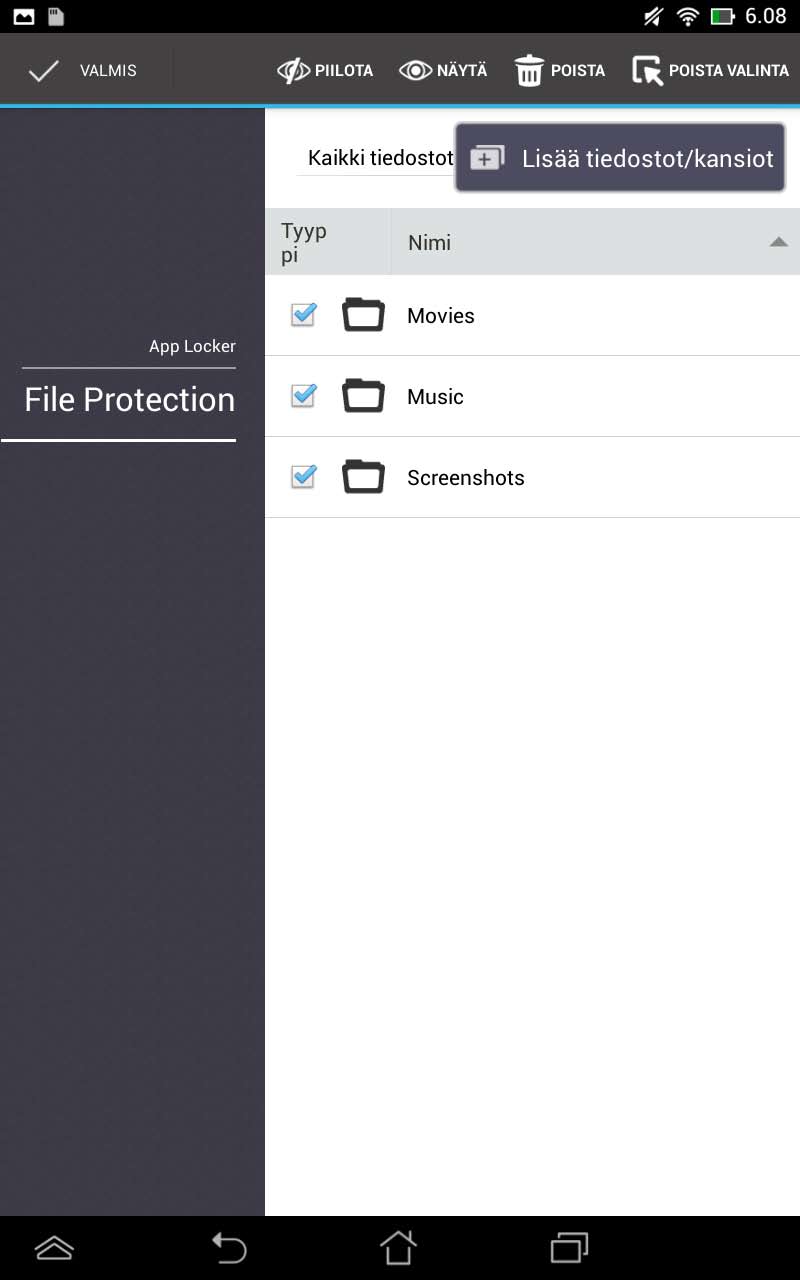 File Protection (Tiedostojen suojaus) -näyttö Napauta näyttääksesi valitun sisällön Napauta piilottaaksesi valitun sisällön Napauta poistaaksesi valitun sisällön Napauta valitaksesi kaiken sisällön
