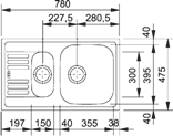 EUROFORM-ALTAAT TUOTEKUVA/MITTAPIIRROS NIMI/TYYPPI EUROFORM EFX 621 Asennus: upotettava allas Mitat: 1160 x 475 mm Altaiden mitat: 355 x 395 x 150 mm ja 355 x 395 x 150 mm Alakaappi vähintään 800 mm