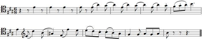 27 Esimerkki 24. Grand duo concertante, Allegreton pääteema Piano vastaa sellon teemaan kaksitoista tahtia myöhemmin yhtä leikkisällä teemalla, jota sello säestää pizzicatoilla.