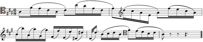 29 Esimerkki 26. Grand duo concertante, sellon virtuoottinen teema Teema nousee terssin välein kahden tahdin ajan, kunnes putoaa takaisin aloilleen vauhdikkaasti laskevien oktaavien mukana.