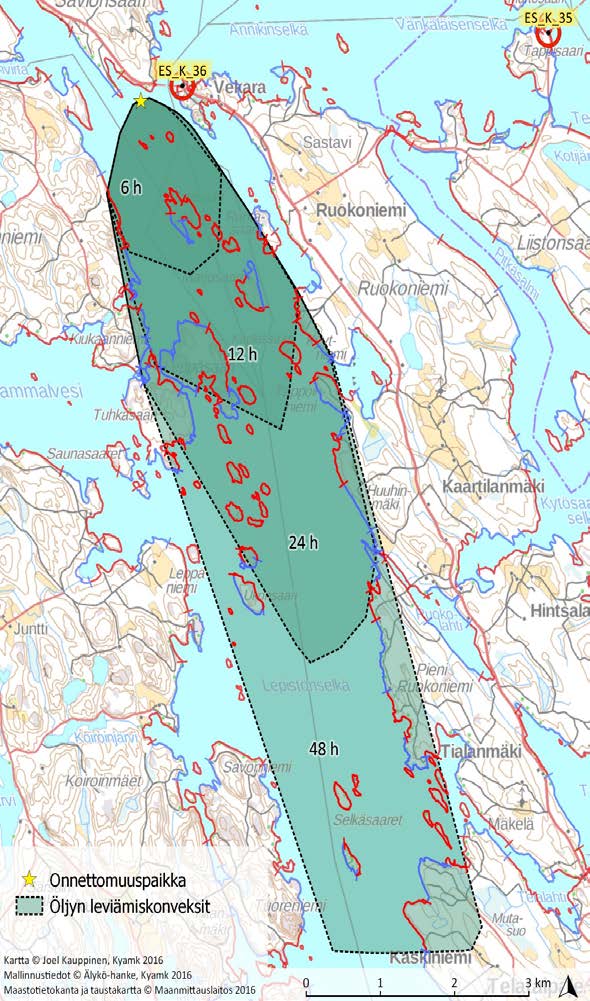 Case-tarkastelu Alusöljyvahinko Vekaransalmessa 25 tonnia MGO Leviämismallin konveksiviivojen sisään jää noin 100 km rantaviivaa.