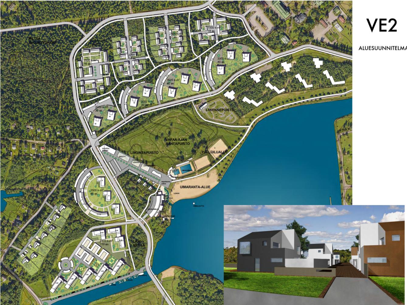 VE 2 Rakennusoikeus: Kerrostalokorttelit 10 000 k-m2 Pientalokorttelit (metsäkorttelit) 8 200 k-m2 Kerrostalokortteli (kukkula) 3 500 k-m2 Kanavanrannan kerrostalot 9 400 k-m2
