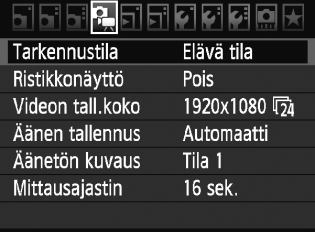 x Valikkotoimintojen asetukset Videokuvauksen toimintojen asetukset on selitetty tässä. Kun kuvaus näytöllä- / videokuvauskytkin on asennossa <k>, valikko näyttää [x]-välilehden.