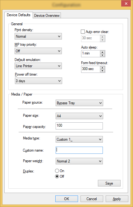 Tulostaminen tietokoneelta > Configuration Tool Configuration Tool asetusnäyttö Laitteen oletusasetus Määritä tulostinajurin oletusasetukset ja koneen virransäästötoiminnot.