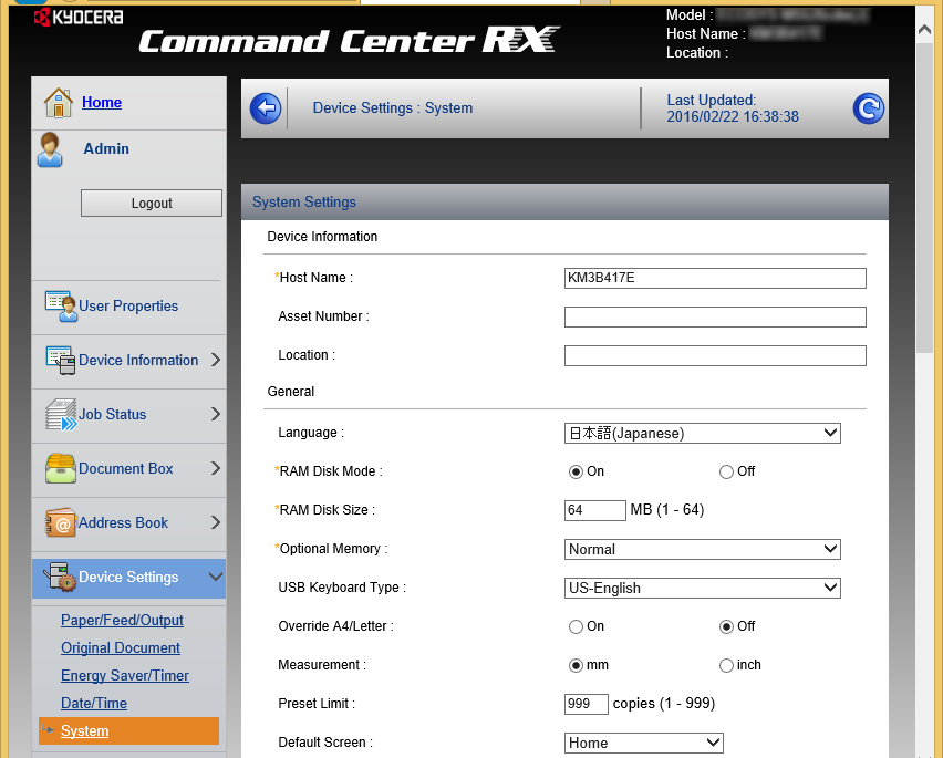 Koneen asennus ja asetukset > Command Center RX Laitetietojen vaihtaminen 1 Avaa näyttö. 1 Käynnistä WWW-selain. 2 Kirjoita osoite- tai sijaintiriville koneen IP-osoite tai isäntänimi.
