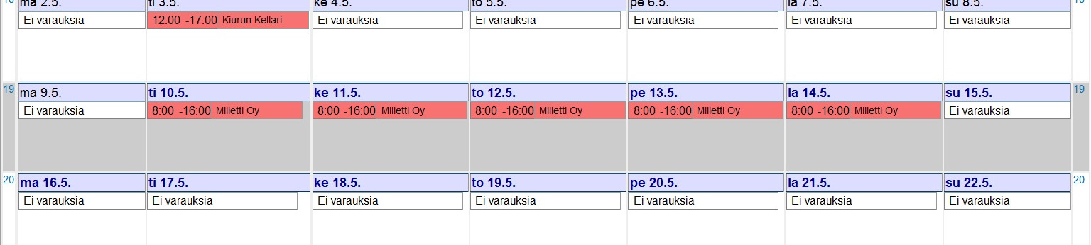 8 (12) Kuukausikalenteri Kuukausikalenterista nähdään koko kuukauden tilanne kerralla. Punainen väri kertoo sen, että kyseiselle päivälle on tehty vähintään yksi varaus.