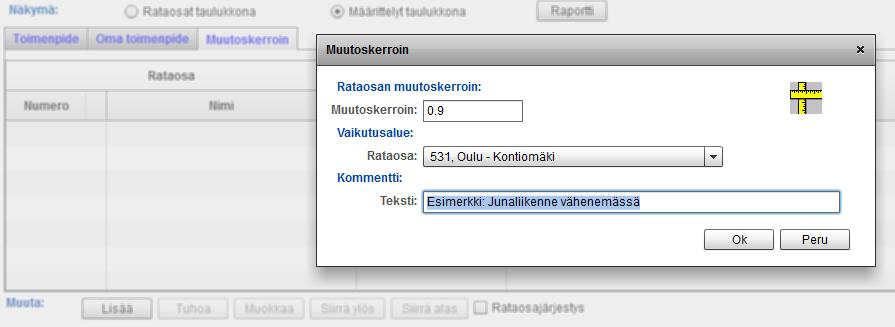 11 Määrittelyt -näkymä (5): Muutoskertoimen määrittely Jos tietyn rataosan turvallisuuden odotetaan kehittyvän eri tavalla kuin muissa tasoristeyksissä, voidaan määrittää muutoskerroin, joka