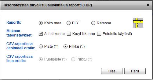 14 Raporttien laskenta 3, turvallisuuden nykytilan raportti Tasoristeysten turvallisuuden nykytilan raportti voidaan laskea koska tahansa ja riippumatta siitä, kumpi kahdesta päänäytöstä on valittuna