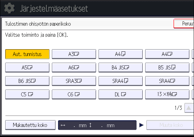 Paperin asettaminen ohisyöttötasolle Vakiopaperikokojen määrittäminen käyttöpaneelilta 1. Paina [Käyttäjän työkalut/laskuri]. CUP009 2.