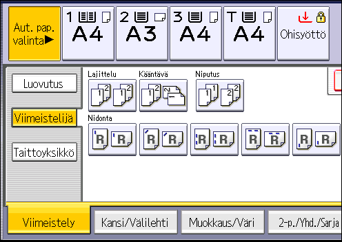 3. Kopiointi 1. Paina [Viimeistely]. 2. Paina [Viimeistelijä]. 3. Valitse [Lajittelu] tai [Kääntävä lajittelu] ja paina sitten [OK]. 4. Anna kopiosarjojen lukumäärä numeronäppäimillä. 5.