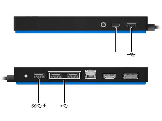 USB-laitteiden liittäminen Telakointiasemassa on viisi USB-porttia: yksi USB 3.0 -portti ja kaksi USB 2.0 -porttia takapaneelissa sekä yksi USB Type-C -portti ja yksi USB 2.0 -portti etupaneelissa.