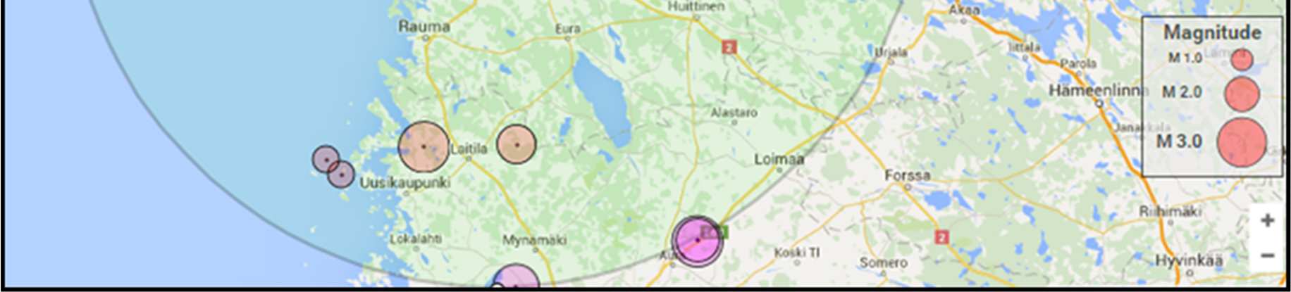 Sivu 28 Kuva 7. Porin ympäristön maanjäristykset noin 300 vuoden ajalta (Helsingin yliopiston Geotieteiden ja maantieteen laitoksen mukaan).